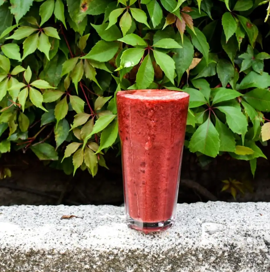 Smoothie de frutos rojos en vaso alto sobre un muro, con enredadera detrás