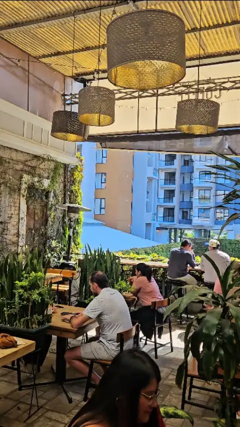 Terraza de Coffee District bajo lámparas de mimbre, con mesas de madera, plantas y vista a los edificios de Zona 4